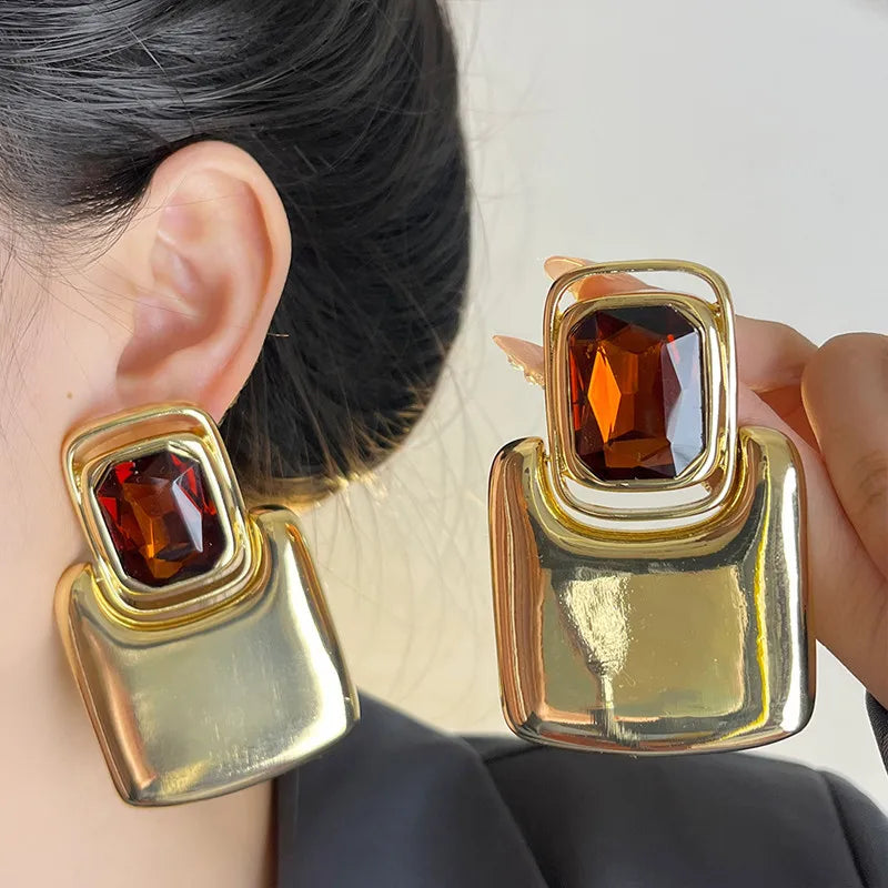Vintage Large Geometric Crystal Earrings – Exaggerated Metal Statement Jewelry for Women