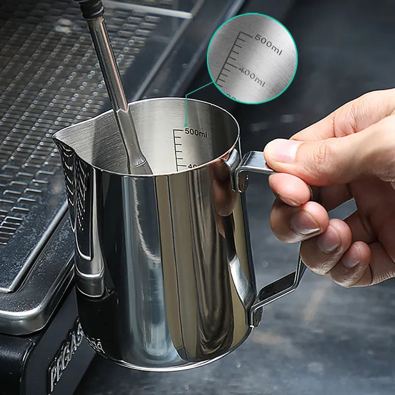 Stainless Steel Coffee Milk Frothing Jug - Essential Latte Art Barista Tool with Measurements