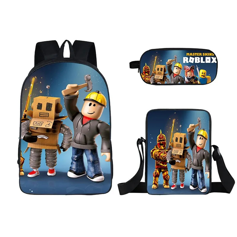 Kids Roblox 3-in-1 Backpack Set — School Bookbag, Shoulder Bag & Pencil Case Waterproof Travel Bag for Teens