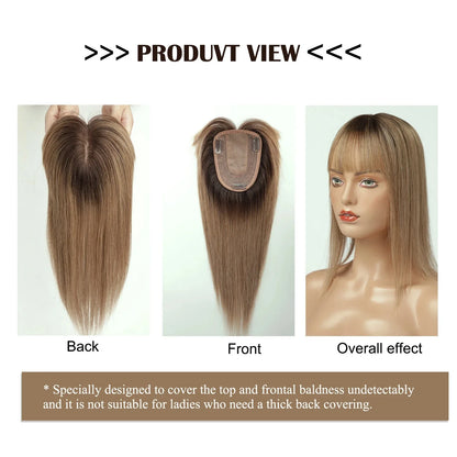 10" Brown Ombre Remy Human Hair Topper – Straight with Bangs, Silk Base, Clip-In Extension for Women