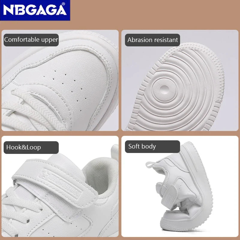 Kids' Black Leather Sneakers – Non-Slip Casual Walking & Tennis Shoes for Boys and Girls