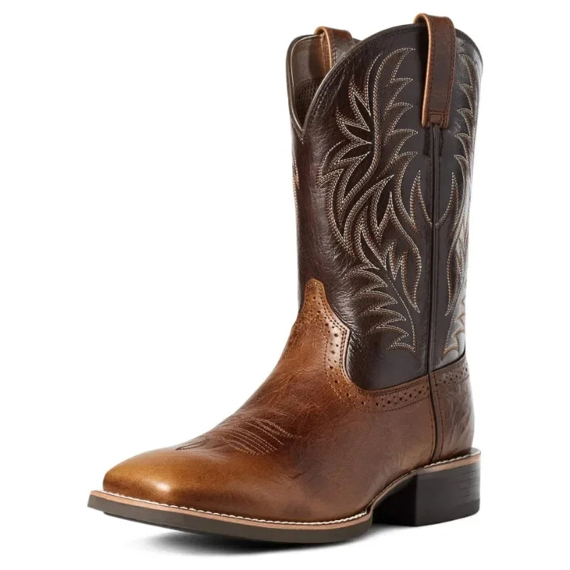Men's Embroidered Cowboy Boots - Retro Handmade Pointed Toe Western Boots with Hand-Stitched Detail