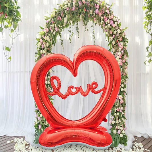 Big Hollow Heart-Shaped 'I Love You' Foil Balloon - Valentine's Day Gold and Red Romantic Decor for Weddings and Celebrations