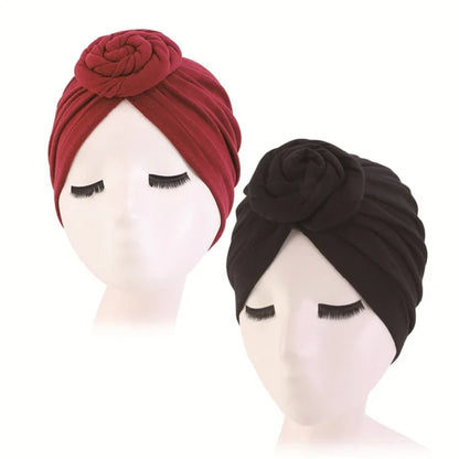 Stylish Headwear Set: 2pcs/lot Cotton Turban Top Knot Flower Decor Headwrap - Muslim Ladies Hair Cover Beanie - Solid Color India Hat for Women