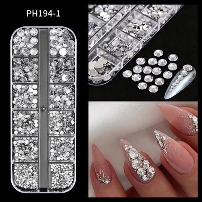 12-Grid 3D Glass AB Crystal Nail Art Rhinestones Kit – Flatback Round Beads with Tools for Nail Jewelry & Diamond Decoration