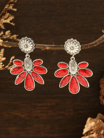 Vintage Tribal Gemstone Earrings - Women's Ethnic Style Rose Red Blue Fashion Jewelry Gift