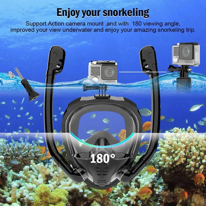 Full Face Snorkel Mask - 180° Panoramic Silicone Dry-Top Diving Mask with 2 Snorkels