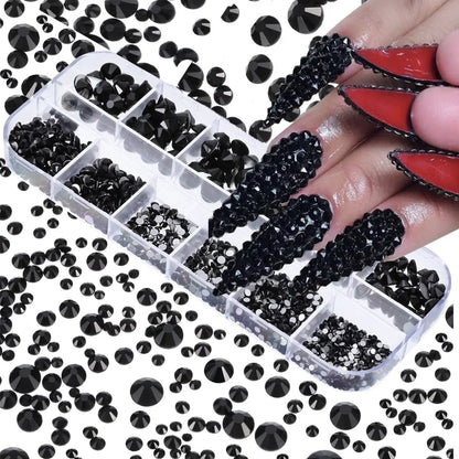 12-Grid 3D Glass AB Crystal Nail Art Rhinestones Kit – Flatback Round Beads with Tools for Nail Jewelry & Diamond Decoration