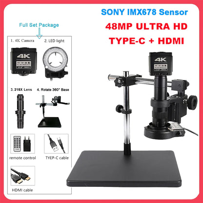 1080P 48MP 4K Digital Microscope – HDMI/USB/VGA Camera with 150X C-Mount & Articulated Arm for Repair