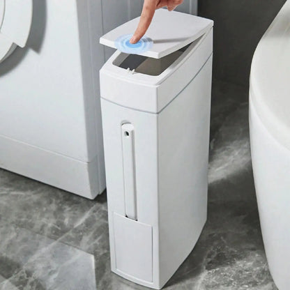 Bathroom Trash Can & Toilet Brush Combo - Space-Saving Slim Garbage Bin with Lid