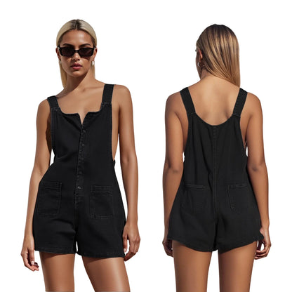 Women's Denim Bib Overall Shorts - Button Front Wide Leg Jean Jumpsuit with Pockets