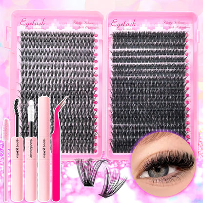 720/200pcs Eyelash Extension Kit – Fluffy Wispy Lash Clusters with Bond & Seal, Tweezers & Tools for Thick Volume DIY Lash Extensions
