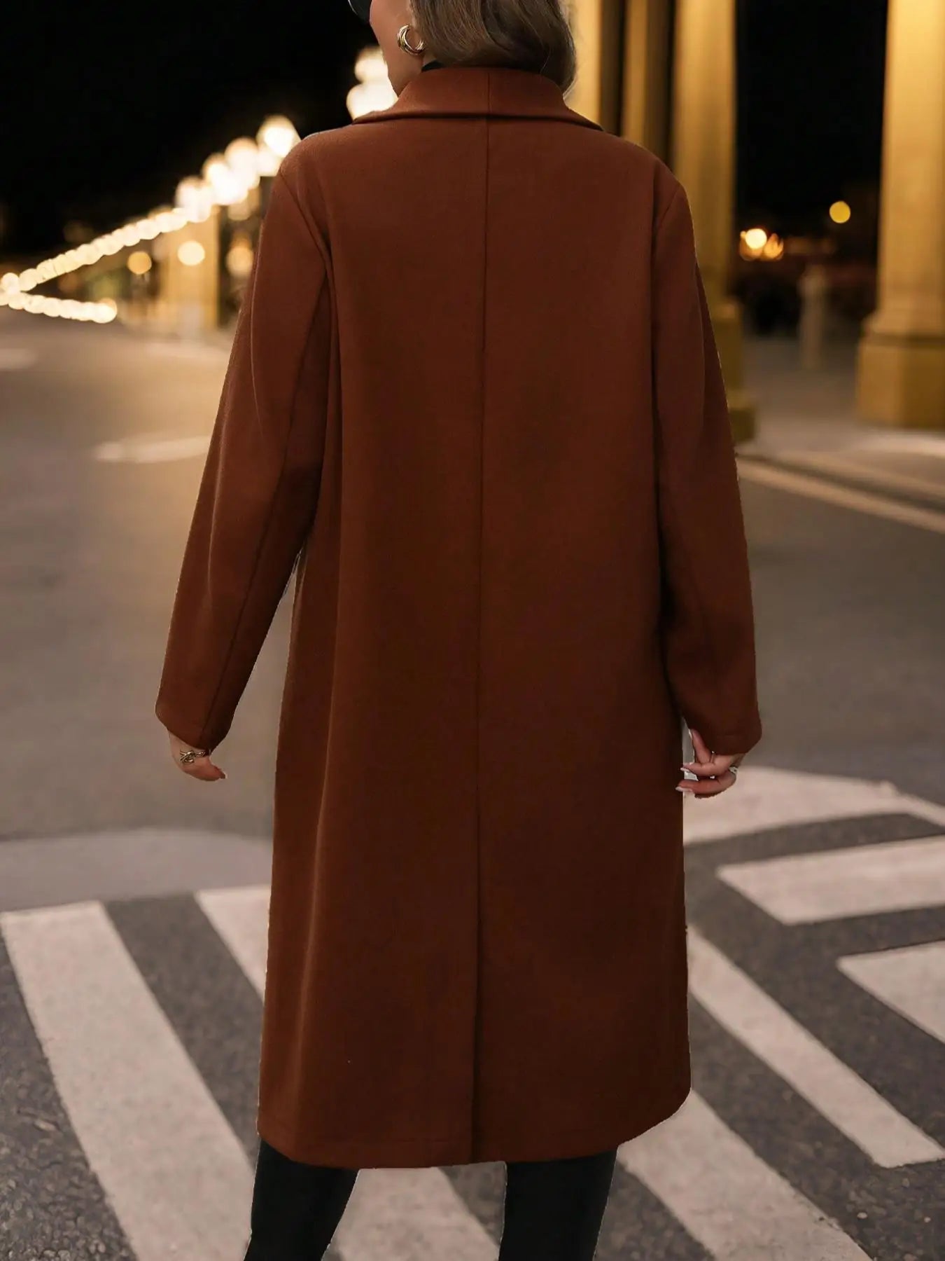 Caramel Brown Wool Blend Coat - Mid-Length Oversized Lapel Outerwear for Fall & Winter