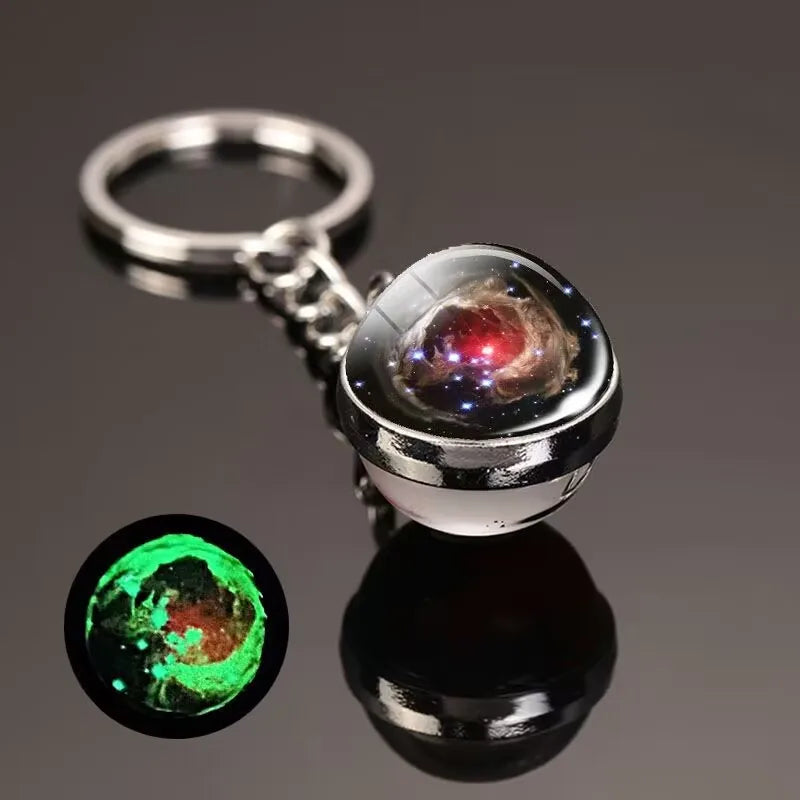 Glow in the Dark Solar System Keychain – Luminous Nebula Planet Key Ring with Moon, Earth, Sun, Double-Sided Glass Ball