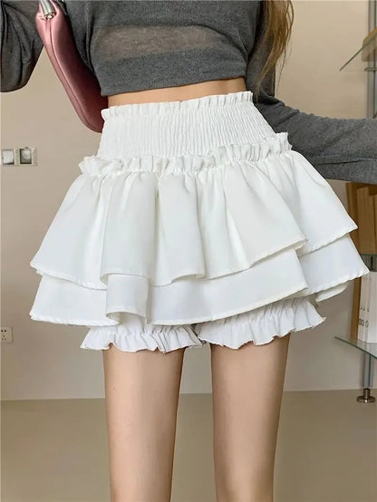 Women’s Cute Sexy Mini Skirt — Balletcore Elastic High Waist Ruffle Patchwork Lolita Skirt, Short Korean Sweet Y2K Fashion