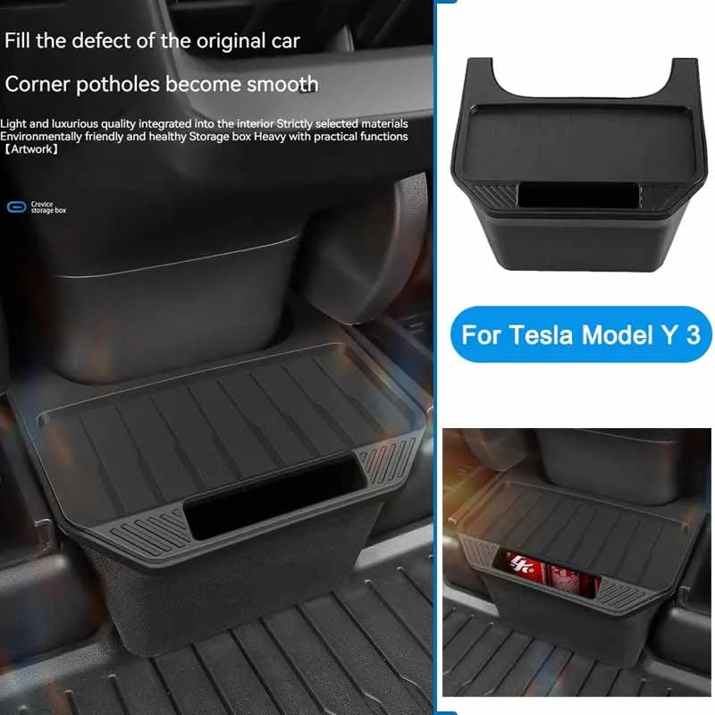 Rear Seat Storage Box for Tesla Model Y: Organizer Center Console Bins, Backseat Trash Can, Garbage Bag - Under Seat Tray Accessories