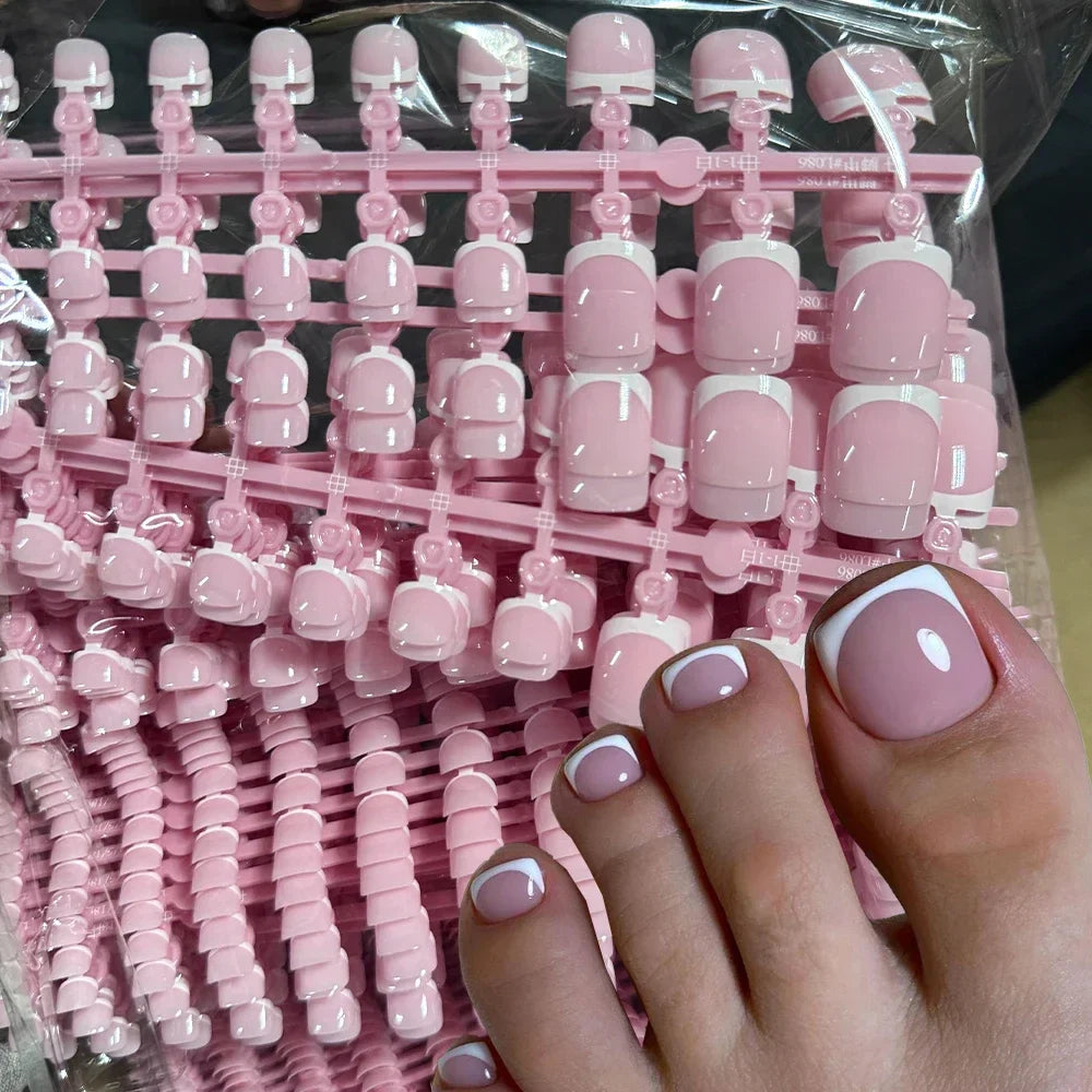 120pcs Short Square French Tip Press-On Toenails – Pink Soft Gel Full Cover False Toe Nail Tips with White Edge Nail Extensions