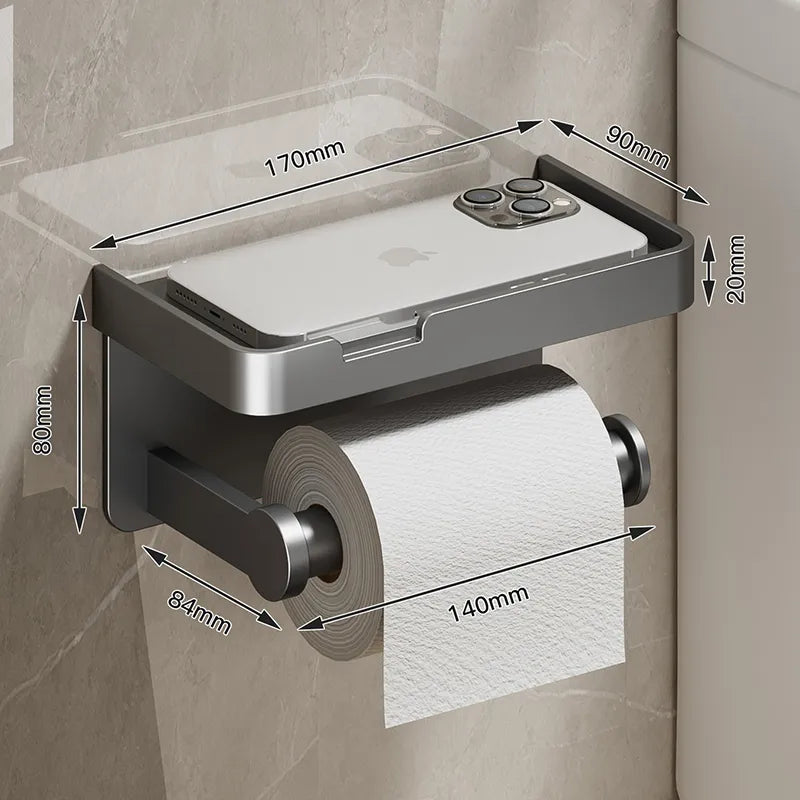Aluminum Alloy Toilet Paper Holder: Bathroom Wall Mount WC Paper Phone Shelf - Towel Roll Shelf Accessories
