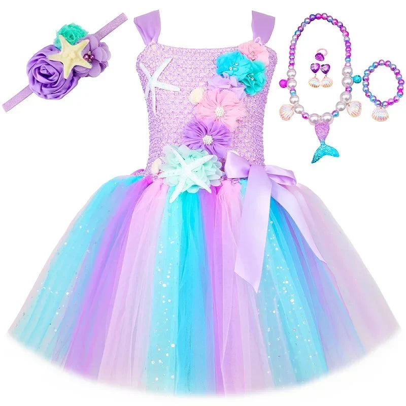 Princess Mermaid Dress for Girls - Pastel Floral Tutu Party & Halloween Costume Dress
