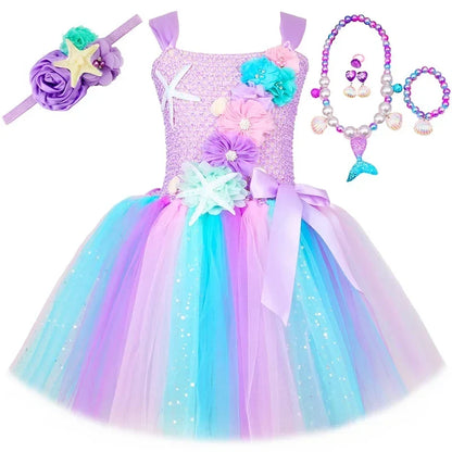 Princess Mermaid Dress for Girls - Pastel Floral Tutu Party & Halloween Costume Dress