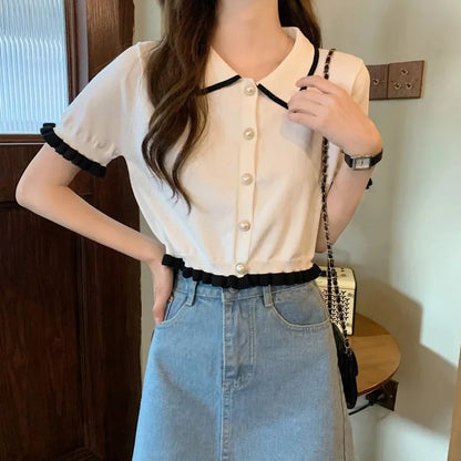 Women’s Summer Knitted Blouse — Chic Retro Slim Short Sleeve Crop Top, All-Match Style