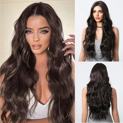 Long Wavy Brown Synthetic Wig for Women – Middle Part, Natural Look, Heat-Resistant Fiber for Daily Wear & Cosplay
