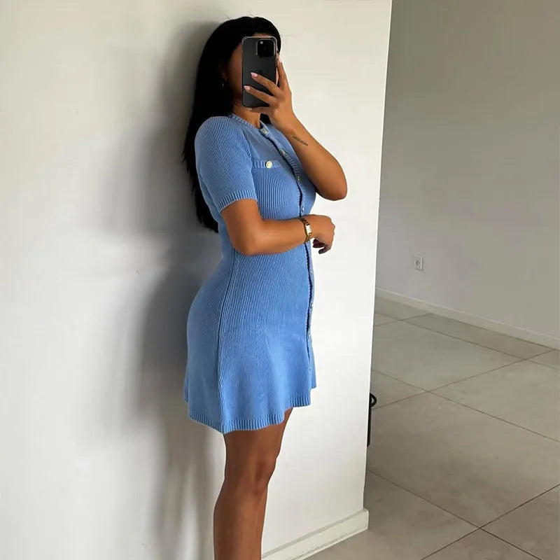 2025 New Women’s Knit Slim Mini Dress – Elegant Single-Breasted Solid Color Office & Daily Commuting Vestido