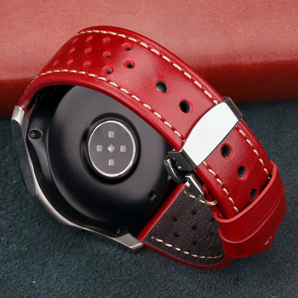 Genuine Leather Watch Band 20mm 22mm 24mm — Vintage Cowhide Strap with Deployment Clasp for Samsung Galaxy Watch 3/4