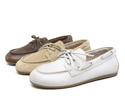 Smile Circle Women’s Genuine Leather Boat Shoes – Lace-Up Moccasins, Flat Casual Loafers