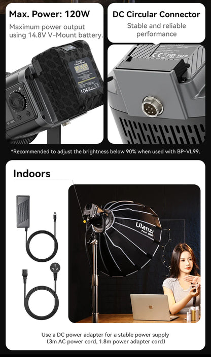 Ulanzi VL-120Bi VL-120C 120W V-Mount COB Light – Wireless APP Control, 2700K-6500K Video Light for Skit Video Photography