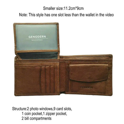 GENODERN Genuine Cow Leather Men’s Wallet with Coin Pocket – Vintage RFID Blocking Slim Male Purse Card Holder Leather Wallet