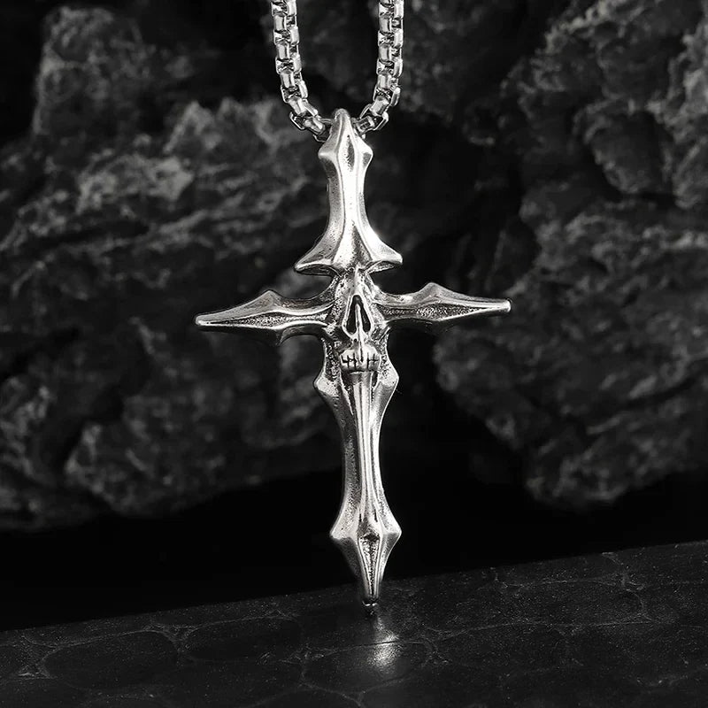 Gothic Skull Jesus Cross Necklace – Punk Catholic Amulet Jewelry for Men, Religious Pendant