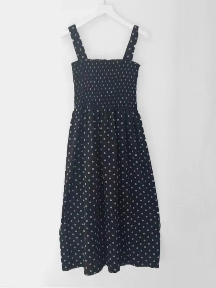 Women’s Summer Polka Dot Dress – Elegant Sleeveless Chiffon Long Dress with Square Neck, Casual & Discount Vestidos