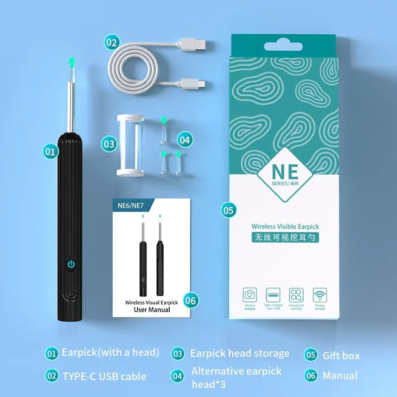 Smart Visual Ear Cleaner 1296P with Camera – USB-C Rechargeable Ear Wax Removal Tool, WiFi, 6 LED Lights