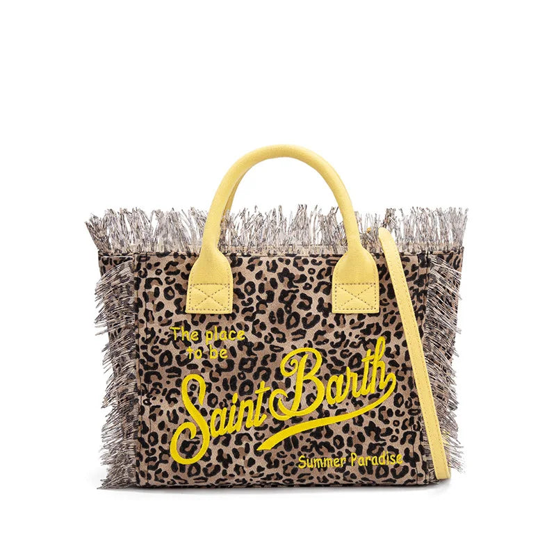 SAINT BARTH Houndstooth Crossbody Bag – Small Cotton Linen Handmade Tote with Tassels for Women