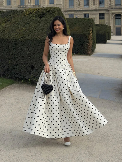 Elegant Women’s Polka Dot Maxi Dress – Chic Sleeveless Round Neck High Waist Slim Fit Vestido for Party & Street, 2025 New