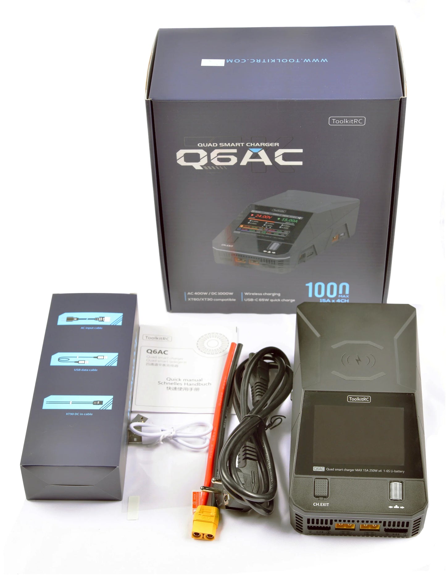 ToolkitRC Q6AC Charger AC 400W/DC 1000W 4-Channel with 65W USB & 15W Wireless Charging for LiPo NiMH PB Batteries