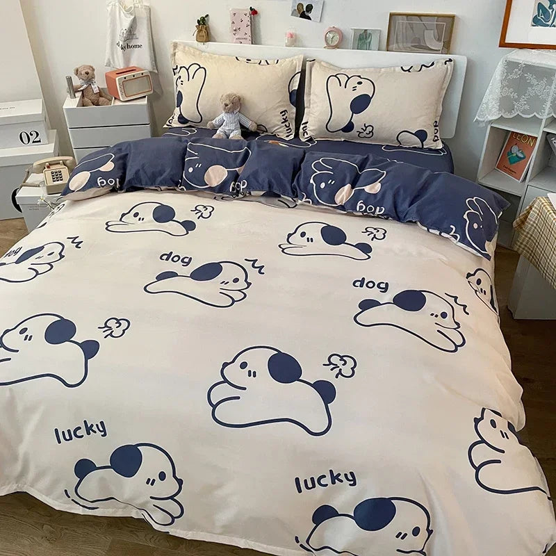 Kawaii Bear & Dog Printed Bedding Set – Floral Duvet Cover with Pillowcases, Full/Queen/King Bed Linen Quilt Sheets