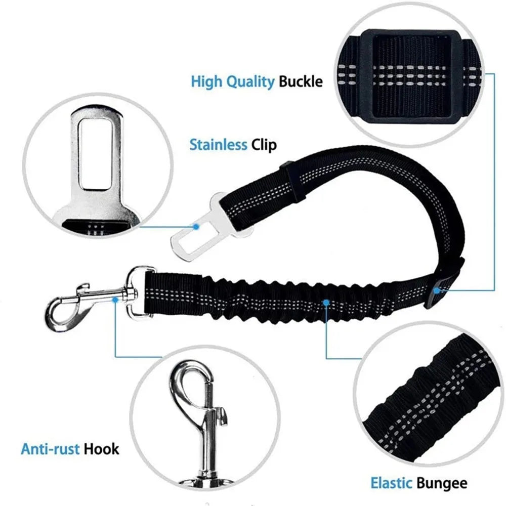 Adjustable Dog Car Seat Belt Harness – Nylon Reflective Elastic Safety Strap with Cushioning for Pet Travel