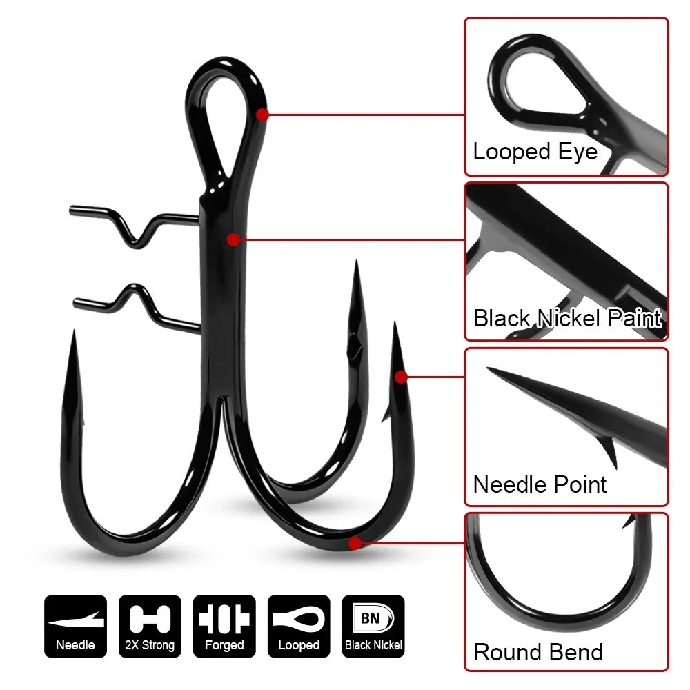 Rosewood Treble Fishing Hook with Holder - Extra Sharp Barbed Triple Hooks for Soft Swimbaits & Rubber Baits