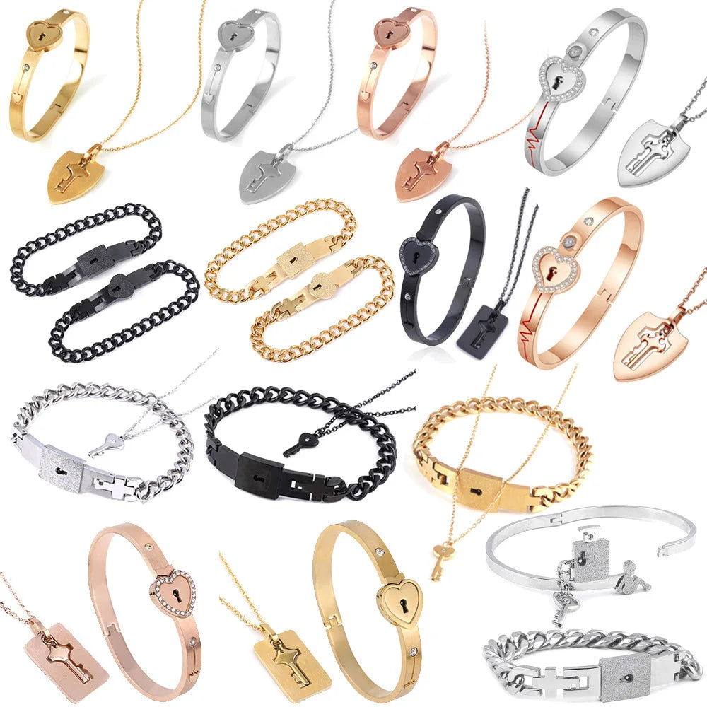 Couple Stainless Steel Love Lock Bracelet & Key Pendant Necklace – Romantic Jewelry Gift for Men and Women