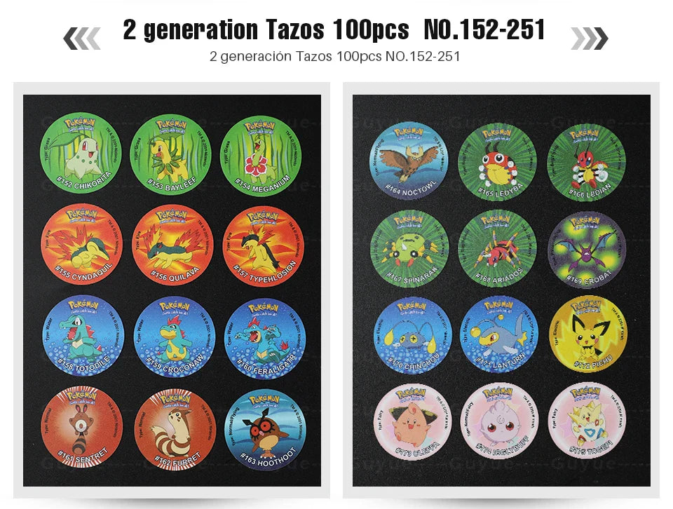 100/160pcs Pokemon Tazos – 1st & 2nd Generation 3D Round and Square Collector Cards, Album Trainer Pogs for Cheetos Chipitaps