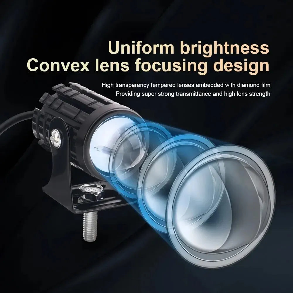 2PCS Universal Motorcycle LED Projector Headlights - Dual Color ATV Scooter Fog Light Auxiliary Driving Spotlight Lamp