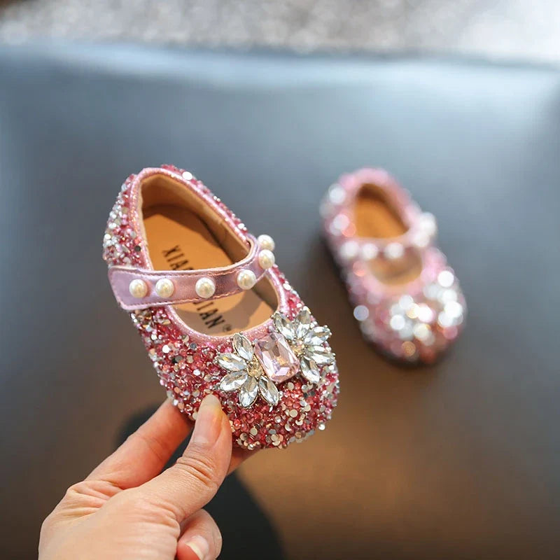 Toddler Princess Glitter Flats - Shiny Crystal Soft-Soled Non-Slip Walking Shoes