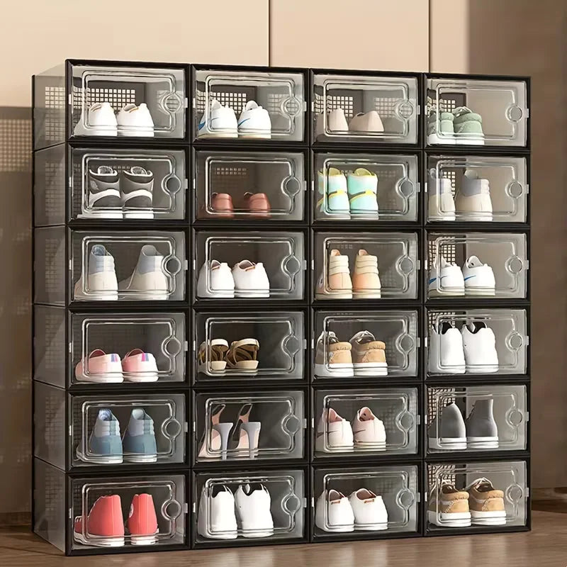 6/12/24PCS Transparent Shoe Boxes – Foldable, Stackable Plastic Shoe Storage Rack with Thick Tape Cover, Space-Saving Organizer