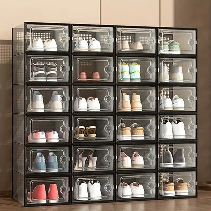 6/12/24PCS Transparent Shoe Boxes – Foldable, Stackable Plastic Shoe Storage Rack with Thick Tape Cover, Space-Saving Organizer