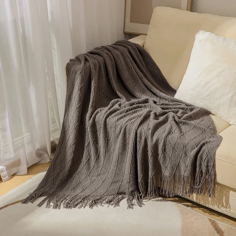 White Boho Throw Blanket – Textured Chunky Knitted Vintage Luxury Bedspread, Sofa Cover Manta Para Sofá