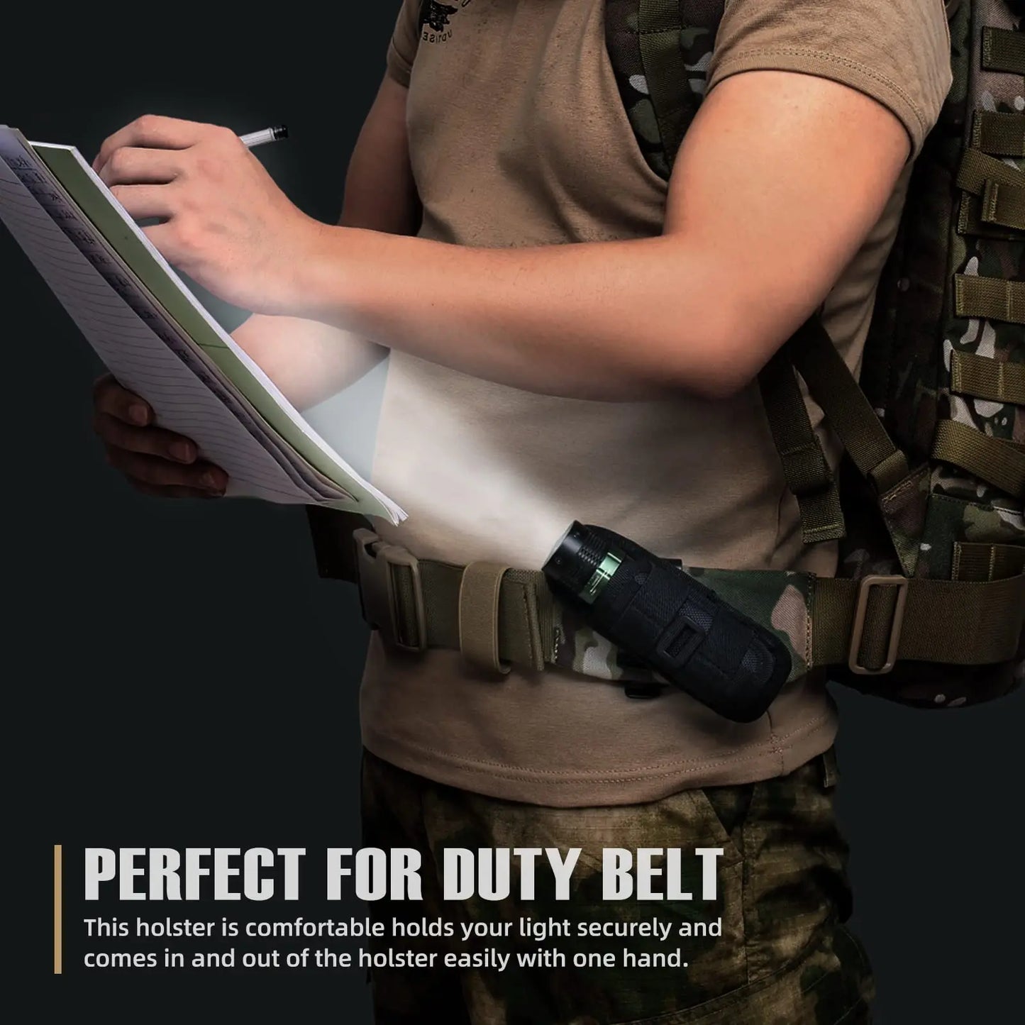 Tactical Flashlight Pouch Holster - Rotatable Holder with Belt Clip and 360-Degree Carabiner Reel Clip