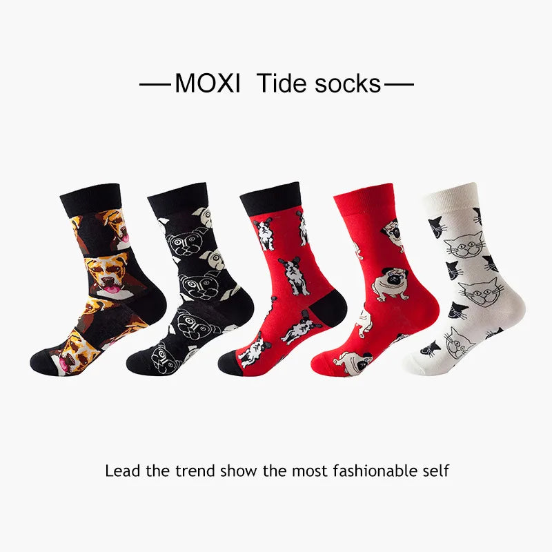 5-Pair Men’s Cotton Sports Socks Pack - Hip Hop Harajuku Pastel Print Long Tube Running Casual Socks