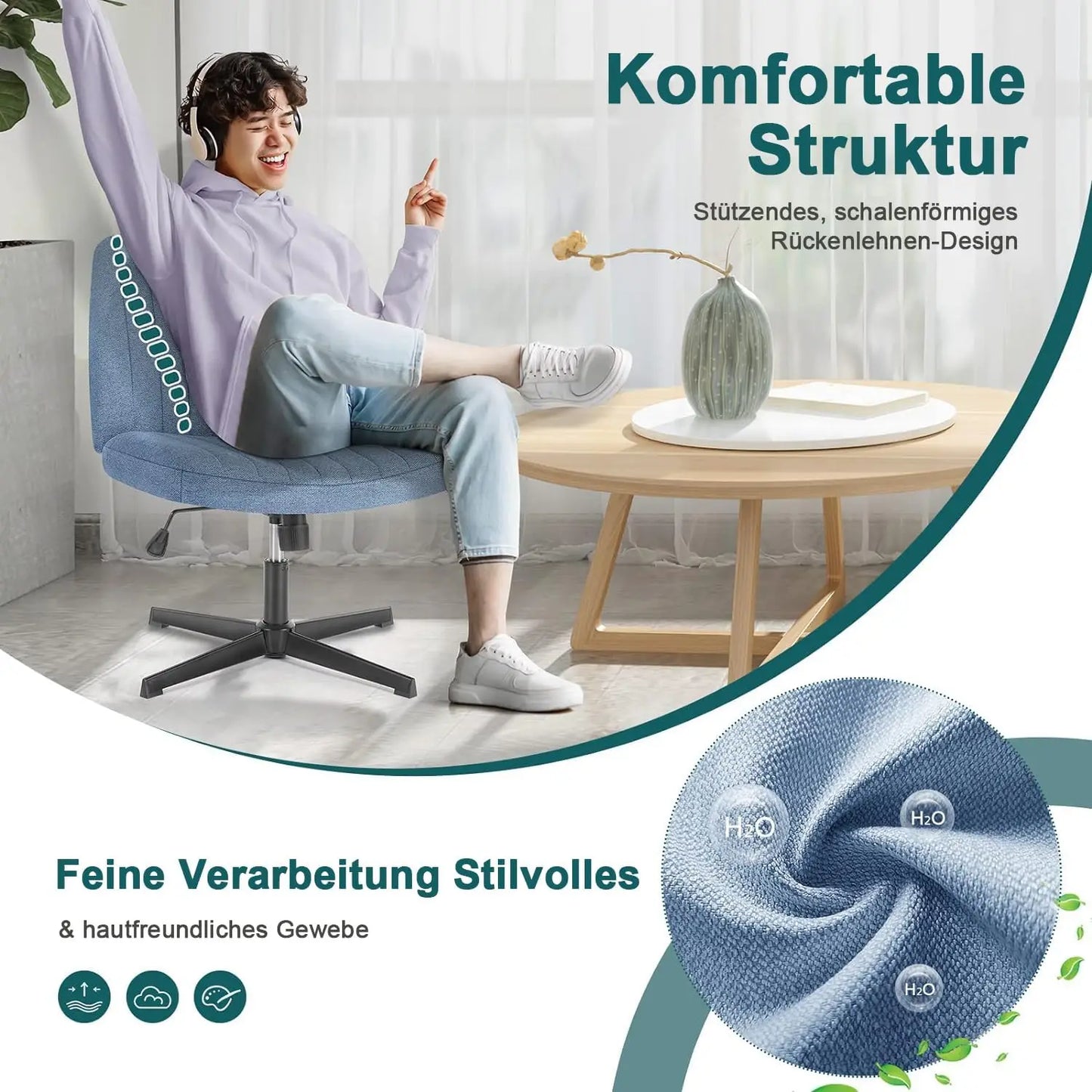 Criss-Cross Leg Office Chair – Armless Wide Seat, Height Adjustable Swivel for Home or Desk